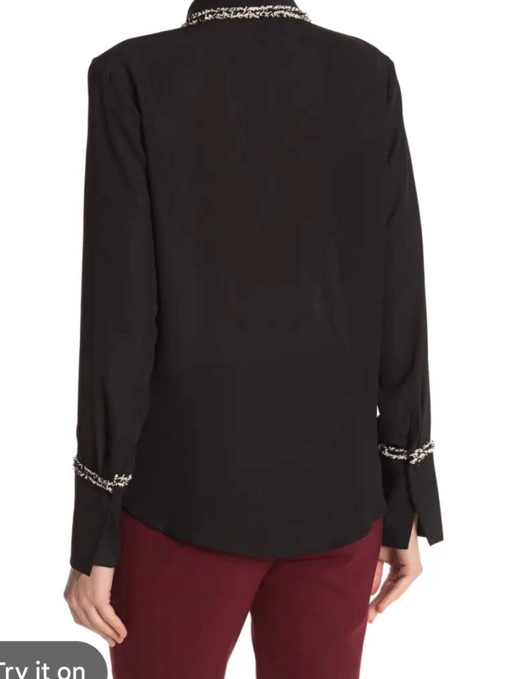 Black Boucle Trim Woven Blouse Button-Front Long-Sleeve Shirt with Contrast Trim - Picture 2 of 6